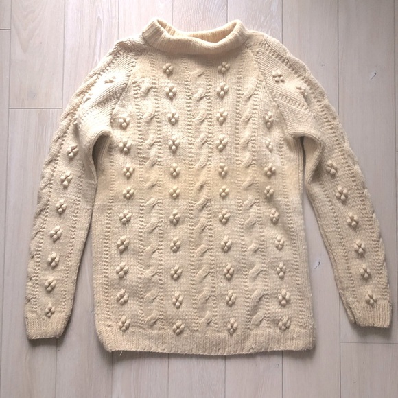 Handknit Cable Knit Bubble Stitch Wool Sweater in Cream - Picture 1 of 13